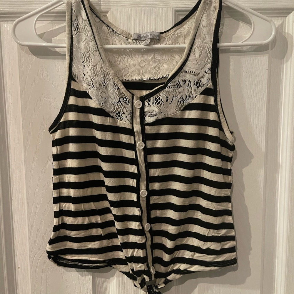 Striped Black and White Lace Collar Top